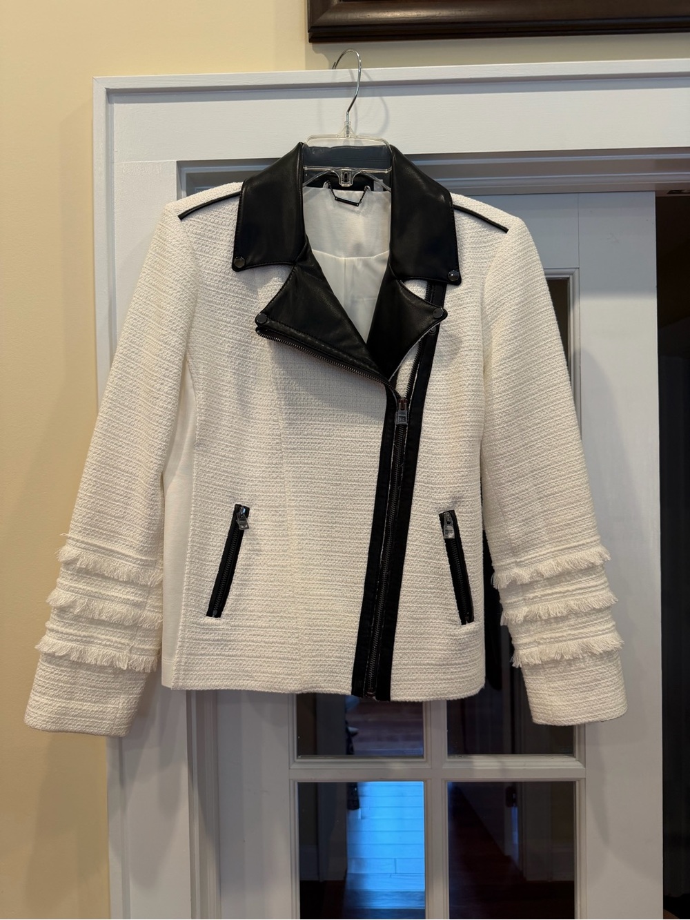 Chico’s White Textured Jacket with Black Leather Trim! Gorgeous!